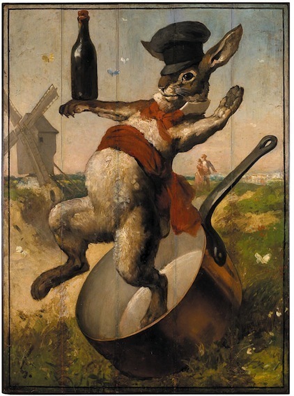 Enseigne du cabaret Au Lapin Agile, dernier survivant des cabarets artistiques du 19ème siècle, André Gill Collection particulière © François Doury Enseigne du cabaret Au Lapin Agile, dernier survivant des cabarets artistiques du 19ème siècle, André Gill Collection particulière © François Doury