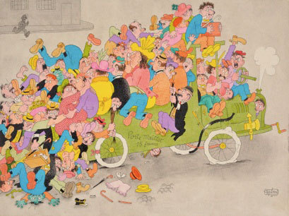 Albert Dubout, Vous montez à la prochaine, 1947. Aquarelle sur papier, encre de chine sur papier, 24 x 32 cm Collection particulière © Jean Bernard Albert Dubout, Vous montez à la prochaine, 1947. Aquarelle sur papier, encre de chine sur papier, 24 x 32 cm Collection particulière © Jean Bernard