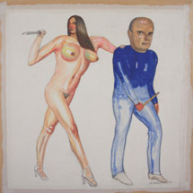 Pat Andrea, "Duo, peintre et modèle", technique mixte sur papier marouflé sur bois, 19,5 x 19,5 cm, 2010