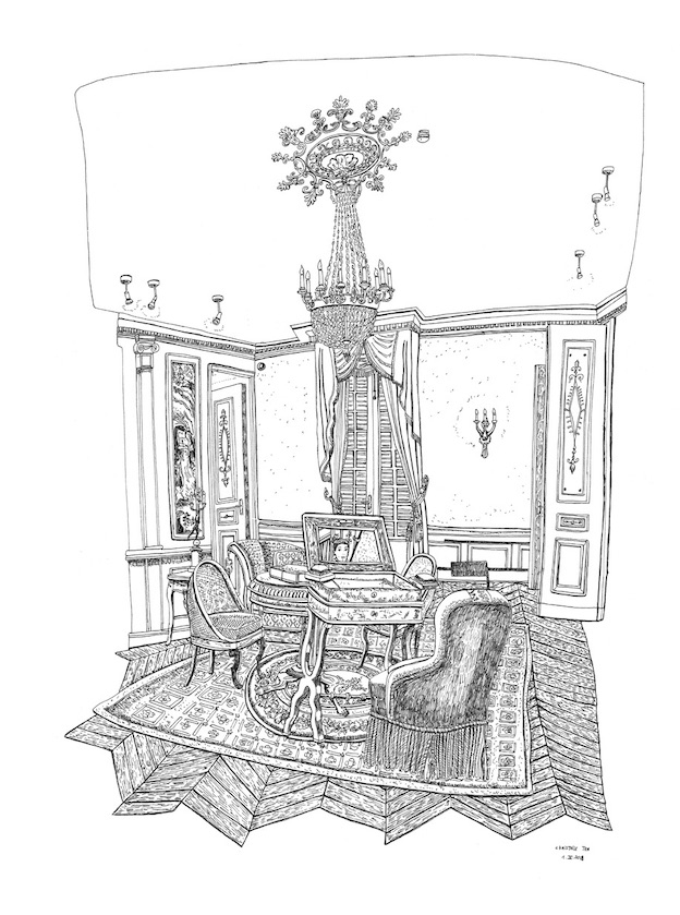 Le Salon, Propriété Caillebotte,Yerres, I.X.2019. Encre de Chine sur papier, 65 x 50 cm. Le Salon, Propriété Caillebotte,Yerres, I.X.2019. Encre de Chine sur papier, 65 x 50 cm.