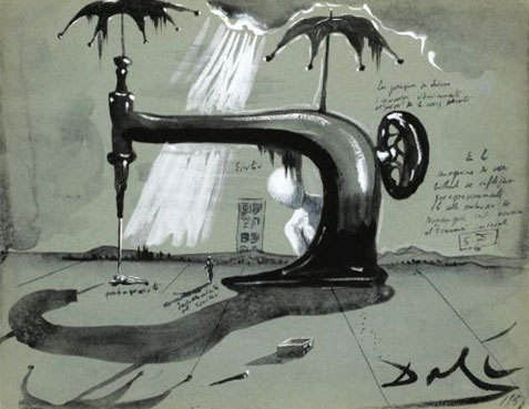 Machine à coudre aux parapluies, 1951, gouache et encre sur papier,25 x 32 cm