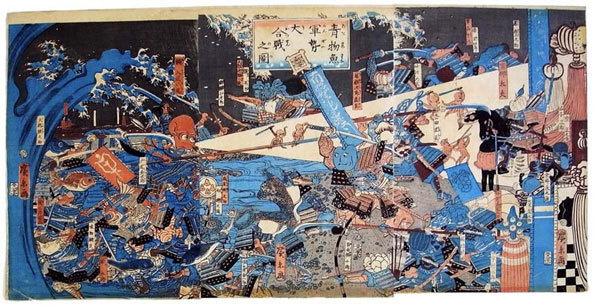 Kuniyoshi (1797 – 1861), Triptyque "La bataille des légumes" par Hirokage (1859) Kuniyoshi (1797 – 1861), Triptyque "La bataille des légumes" par Hirokage (1859)