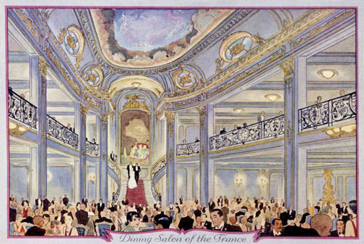 Condé, Salle à manger de la 1re classe du paquebot France.  Cie Gle Transatlantique, vers 1912. Imprimé © Collection French Lines