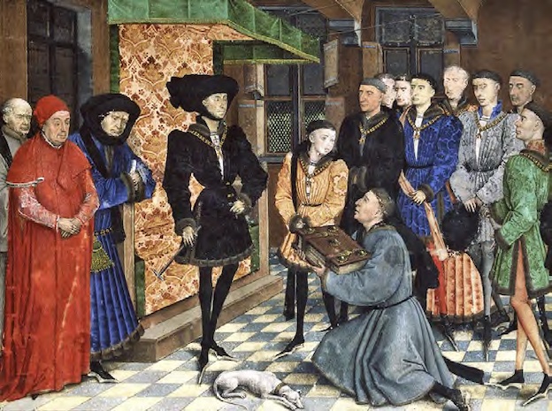 Philippe le Bon recevant en conseil l’hommage des Chroniques de Hainaut des mains de Simon Nockart. 1446-1448. © Bibliothèque royale de Belgique