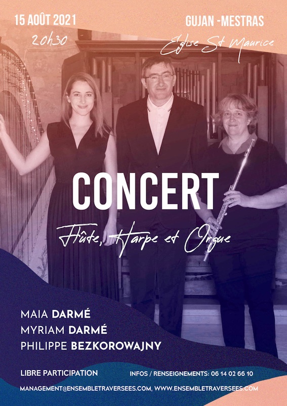 Gujan-Mestras, Gironde : Concert en trio flûte harpe et orgue Ensemble Traversées le 15 août 2021