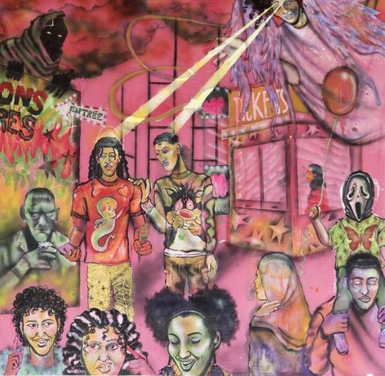 Neïla Czermak Ichti, Les anges de Porte Dorée, 2021, peinture acrylique sur drap de coton, 170 x 170 cm / © image : Aurélien Mole Neïla Czermak Ichti, Les anges de Porte Dorée, 2021, peinture acrylique sur drap de coton, 170 x 170 cm / © image : Aurélien Mole