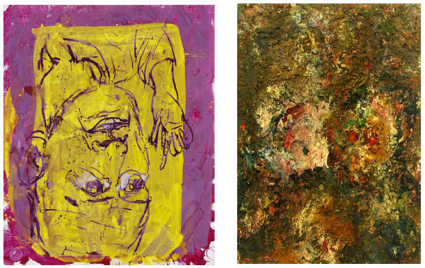 À gauche : Georg Baselitz, Selbstporträt Dummkopf (Autoportrait benêt), 1997, huile sur toile, coll. part. – © Georg Baselitz, 2013 – Photo : Jochen Littkemann À droite : Eugène Leroy, Tête, 1987, huile sur toile, Donation Eugène Jean et Jean-Jacques Leroy, MUba Eugène Leroy I Tourcoing – Photo : Florian Kleinefenn