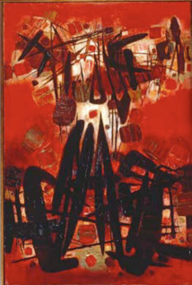 CHU Teh-Chun Rouge, la pluie de pétales sur le village Blanc, le nuage au-dessus de la maison 1960 Huile sur toile 195 x 130 cm © Adagp, Paris 2013 © Photo : Atelier CTC CHU Teh-Chun Rouge, la pluie de pétales sur le village Blanc, le nuage au-dessus de la maison 1960 Huile sur toile 195 x 130 cm © Adagp, Paris 2013 © Photo : Atelier CTC