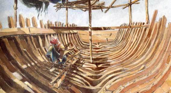 Construction de bateau omanais in Lumières d’Oman J.C Crosson, B. Le Cour Grandmaison, Gallimard, 2002 © musée national de la Marine