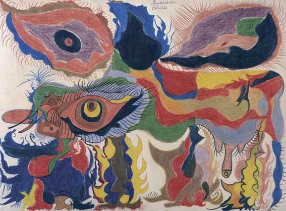 rinâûsêrôse viltritiês, 1950 / crayon de couleur sur papier, 50 x 68 cm © arnaud conne / collection de l'art brut, lausanne rinâûsêrôse viltritiês, 1950 / crayon de couleur sur papier, 50 x 68 cm © arnaud conne / collection de l'art brut, lausanne