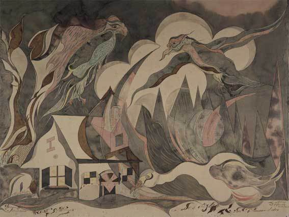 les aigles, la plume d'oie, 1940 encre, crayon de couleur et produits de laboratoire sur papier, 48,6 x 63,5 cm © arnaud conne / collection de l'art brut, lausanne