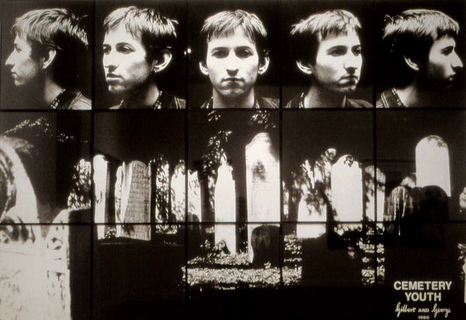 Gilbert & George Cemetery Youth, 1980 Assemblage de 15 photographies ; épreuve papier noir et blanc sur panneau en bois Lyon, musée d’art contemporain Image © Collection macLYON - Photo DR Gilbert & George Cemetery Youth, 1980 Assemblage de 15 photographies ; épreuve papier noir et blanc sur panneau en bois Lyon, musée d’art contemporain Image © Collection macLYON - Photo DR