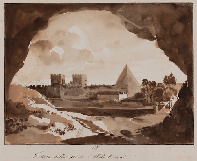 François-Marius Granet, Veduta della porta S. Paolo a Roma, lavis brun, graphite (esquisse), 21,2 x 28,1 cm, musée Granet, Aix-en-Provence, Cliché Claude Almodovar © musée Granet, ville d’Aix-en-Provence