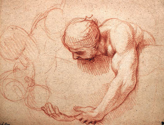 Charles Le Brun (1619-1690) Étude d’homme portant une figure Sanguine avec des rehauts de craie blanche, 286 x 218 mm. Charles Le Brun (1619-1690) Étude d’homme portant une figure Sanguine avec des rehauts de craie blanche, 286 x 218 mm.
