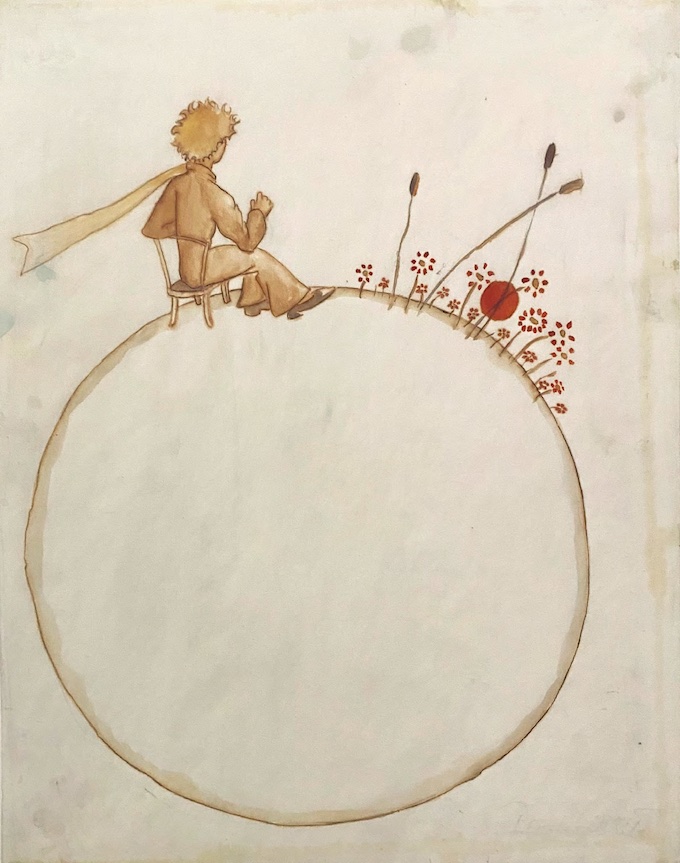Antoine de Saint- Exupéry — Le petit prince assis sur son astéroïde, devant un parterre de fleurs © Fondation JMP pour LPP Antoine de Saint- Exupéry — Le petit prince assis sur son astéroïde, devant un parterre de fleurs © Fondation JMP pour LPP