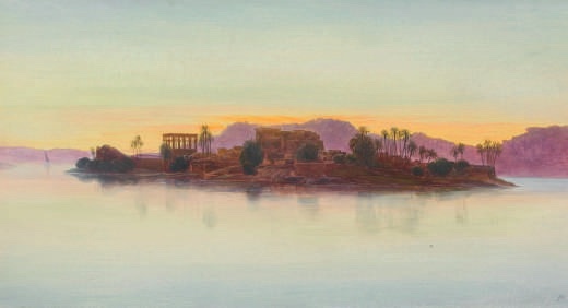 Edward Lear (1812 - 1888) Coucher de soleil sur l’île de Philae Papier marouflé sur bois. H. 23 cm ; L. 43 cm © RMN-Grand Palais Domaine de Chantilly-René Gabriel Ojéda