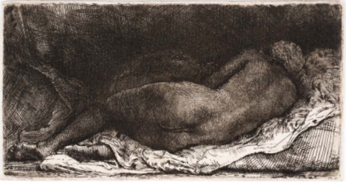 Rembrandt, Femme nue allongée, dite aussi la négresse couchée.  Eau-forte, 1658, quatrième état du six, 81 x 158 mm, collection Fonds Glénat pour le patrimoine et la création.  © D. Guillaudin pour le Fonds Glénat