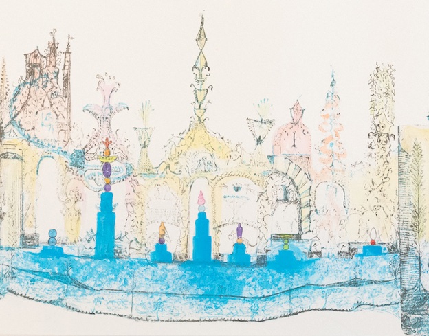 Jean-Michel Othoniel. Projet pour le Palais idéal. Aquarelles sur le dessin préparatoire de Ferdinand Cheval de 1882 © J-M Othoniel / Adagp