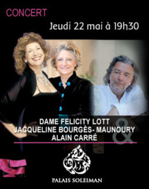 Dame Felicity Lott, Jacqueline Bourgès-Maunoury et Alain Carré présentent « Hugo en mélodie », Jeudi 22 mai à 19h30 au Palais Soleiman, Marrakech Dame Felicity Lott, Jacqueline Bourgès-Maunoury et Alain Carré présentent « Hugo en mélodie », Jeudi 22 mai à 19h30 au Palais Soleiman, Marrakech