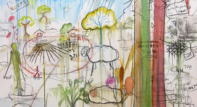 Fabrice Hyber, L'invention de l'agriculture (The Invention of Agriculture), 2022, 220 × 300 cm, watercolor, charcoal, oil paint on canvas