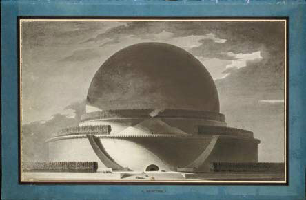 Étienne-Louis Boullée  (1728 – 1799) Projet de Cénotaphe de Newton (élévation perspective, vue de nuit), 1784  Crayon noir, lavis gris ; trait d’encadrement à l’encre brune 394 x 645 mm