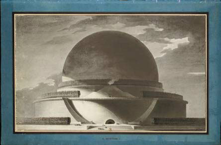 Étienne-Louis Boullée (1728 – 1799) Projet de Cénotaphe de Newton (élévation perspective, vue de nuit), 1784 Crayon noir, lavis gris ; trait d’encadrement à l’encre brune 394 x 645 mm Étienne-Louis Boullée (1728 – 1799) Projet de Cénotaphe de Newton (élévation perspective, vue de nuit), 1784 Crayon noir, lavis gris ; trait d’encadrement à l’encre brune 394 x 645 mm