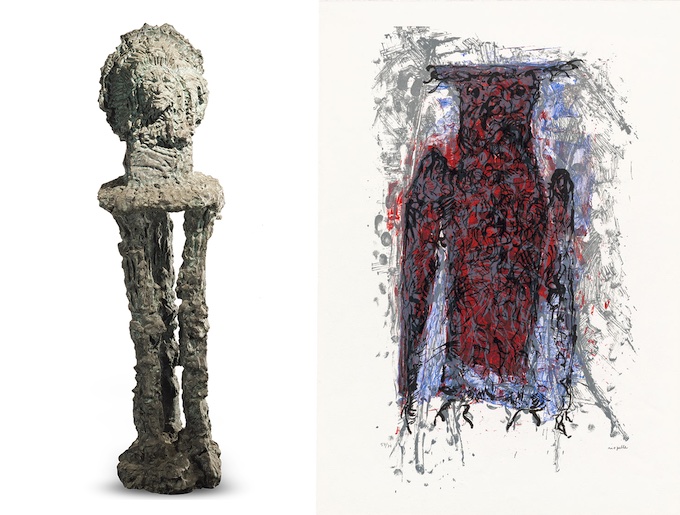 J.-P. Riopelle, L'Indien, 1969 -1970, Bronze, Coll. S. Eon Balthazar © ADAGP, Paris, 2023 / et J.-P. Riopelle, Hibou II, 1970, lithographie, Coll. Fond.Maeght, photo Galerie Maeght © ADAGP, Paris, 2023 J.-P. Riopelle, L'Indien, 1969 -1970, Bronze, Coll. S. Eon Balthazar © ADAGP, Paris, 2023 / et J.-P. Riopelle, Hibou II, 1970, lithographie, Coll. Fond.Maeght, photo Galerie Maeght © ADAGP, Paris, 2023