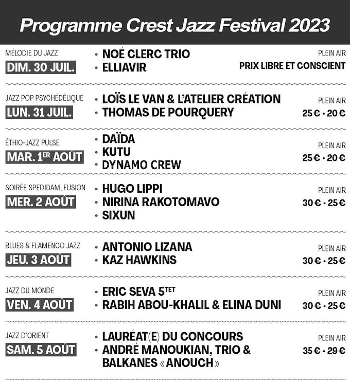 Crest Jazz Vocal 2023 - le programme du 30/7 au 5/8/23 Crest Jazz Vocal 2023 - le programme du 30/7 au 5/8/23