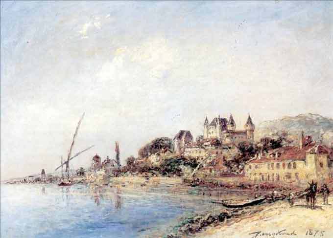 Le Château de Nyon, Lac de Genève (DR). Huile sur toile, signée et datée en bas à droite Jongkind 1875. 33,0 x 47,0 cm. Collection particulière (France)