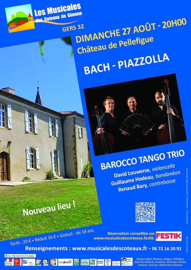  Les Musicales des Côteaux de Gimone (Gers) : « Barocco Tango Trio ». Dimanche 27 août  20h00