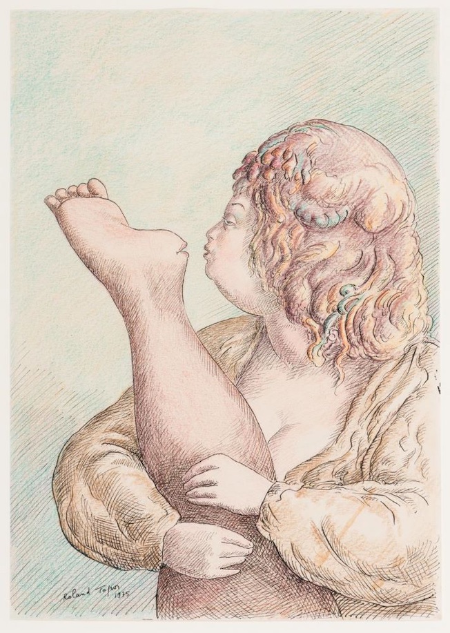 Roland Topor, The foot kiss, 1975, encre et crayon de couleur sur papier, 29,5 x 21 cm