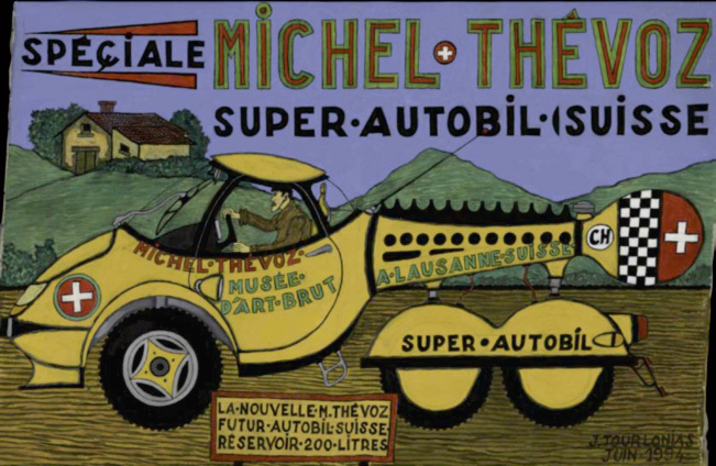 Jean Tourlonias Speciale Michel Thevoz Super Autobil Suisse, 1994, acrylique sur toile cirée 65 x 100 x 3,5 cm. Photo : Kevin Seisdedos, Atelier de numérisation - Ville de Lausanne Collection de l'Art Brut, Lausanne