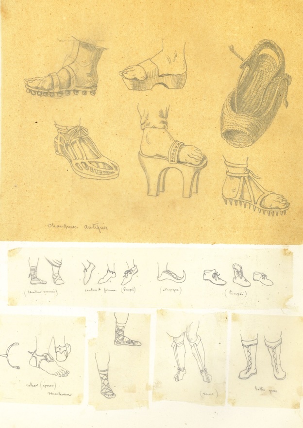 Maurice SAND, typologie de chaussures antiques, dessin à la mine de plomb