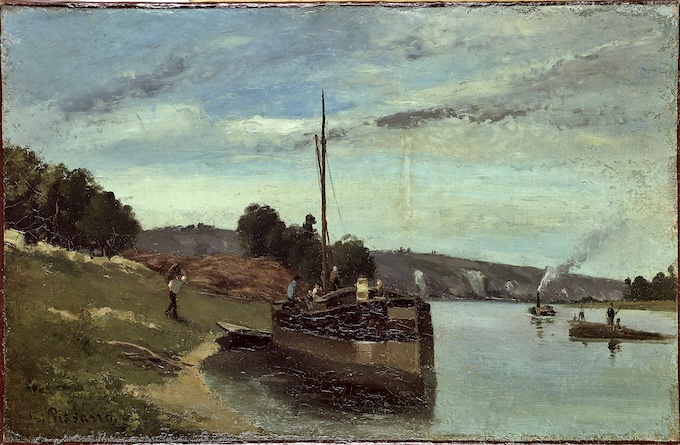 Péniche sur la Seine, environs de la Roche-Guyon, 1863, encore influencé par Camille Corot Péniche sur la Seine, environs de la Roche-Guyon, 1863, encore influencé par Camille Corot