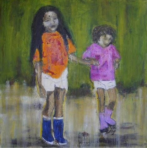Olga Yaméogo, Les cousines, 2022, Pigments, encres, acrylique et huile sur toile, 90 x 90 cm