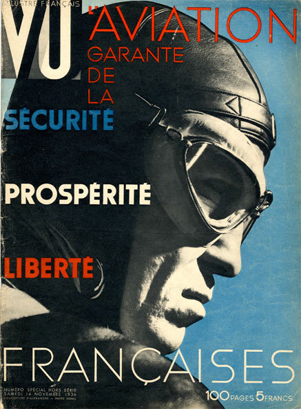 Virtuosité de la mise en page : Vu, 14 novembre 1936, numéro spécial hors-série, célébrant « L’Aviation, garantie de la sécurité, prospérité, liberté », par une mise en page oblique, en « drapeau » des photographies.