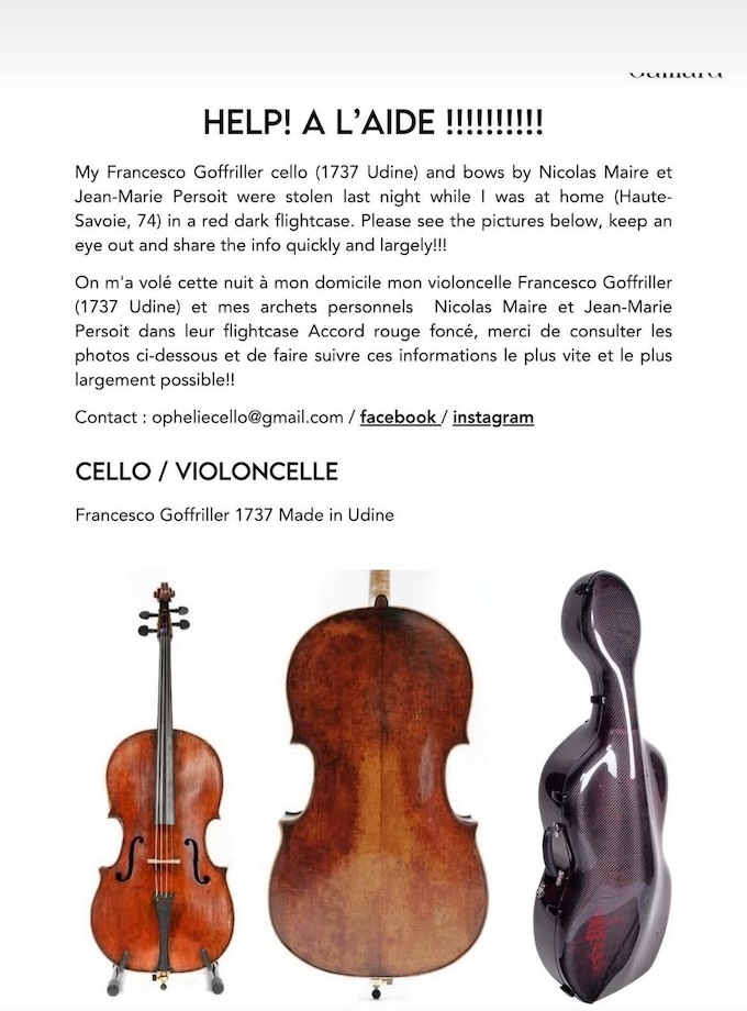Appel de la violoncelliste Ophélie Gaillard suite au vol de son violoncelle et de ses archets Appel de la violoncelliste Ophélie Gaillard suite au vol de son violoncelle et de ses archets