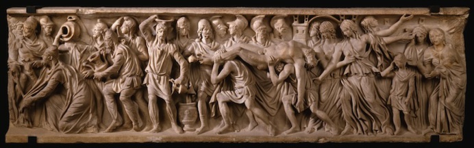 Sarcophage, face principale : rachat du corps d’Hector et ambassade de Priam chez Achille. Vers 190/200 ap. J.-C. @ Paris, musée du Louvre Sarcophage, face principale : rachat du corps d’Hector et ambassade de Priam chez Achille. Vers 190/200 ap. J.-C. @ Paris, musée du Louvre