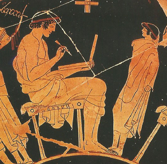 Dans une école d'Athènes, où l'on voit un maître, ordinateur portable sur une main et stylet dans l'autre (décor de vase datant de 500 ans av. J.-C)
