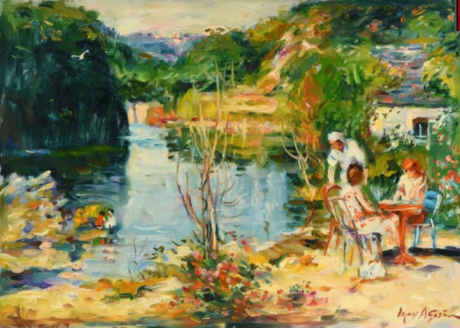 Max agostini, Pierrette et Janet au bord de la creuse à Gargiles, 46 x 65 cm Max agostini, Pierrette et Janet au bord de la creuse à Gargiles, 46 x 65 cm