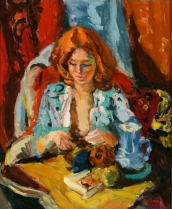 Pierre Cornu, Janet au rideau rouge, 55 x 46 cm Pierre Cornu, Janet au rideau rouge, 55 x 46 cm