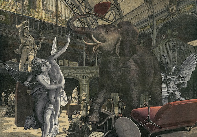 L’éléphant trompe toujours deux fois, 2025, 25,5 x 36 cm. Papier presse XIXe siècle. © Mr. Djub L’éléphant trompe toujours deux fois, 2025, 25,5 x 36 cm. Papier presse XIXe siècle. © Mr. Djub