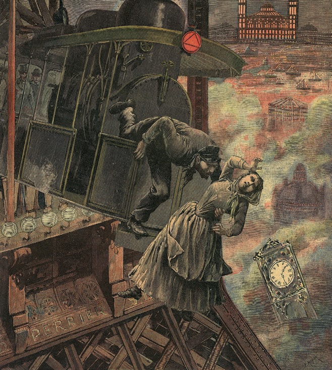 Feu d’artifice ferroviaire, 2025, 26 x 37 cm. Papier presse XIXe siècle. © Mr. Djub Feu d’artifice ferroviaire, 2025, 26 x 37 cm. Papier presse XIXe siècle. © Mr. Djub