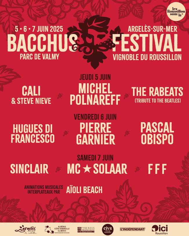 Argelès-sur-Mer, parc de Valmy : Bacchus Festival. 5 au 7 juin 2025