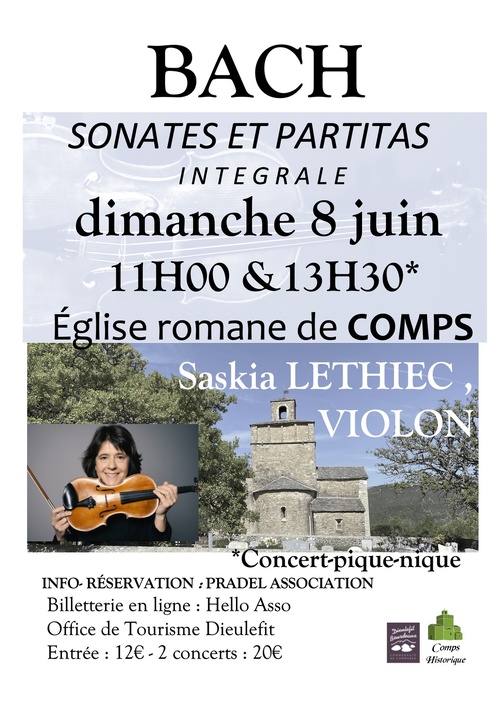 Comps (Drôme), Eglise romane : Bach, sonates, partitas. Dimanche 8 juin 2025, 11h & 13h30 Comps (Drôme), Eglise romane : Bach, sonates, partitas. Dimanche 8 juin 2025, 11h & 13h30
