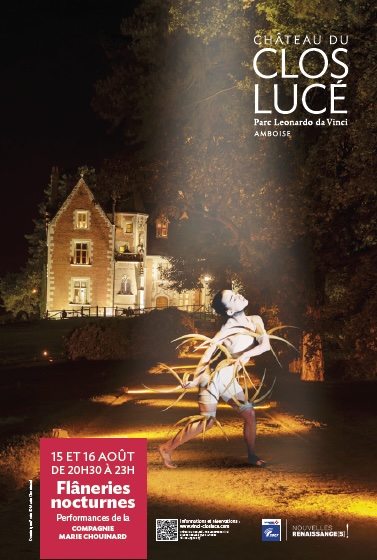 Amboise, ﻿﻿Château du Clos Lucé : Flâneries Nocturnes. Quand la danse contemporaine illumine le Clos Lucé. 15 & 16 août 2025 de 20h30 à 23h