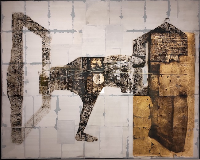 Jeff Bertoncino. Fly me to the moon - Box men series, 2021. Huile sur papier ciré monté sur panneau de bois, feuilles d'or et résine. 203 x 254 cm Jeff Bertoncino. Fly me to the moon - Box men series, 2021. Huile sur papier ciré monté sur panneau de bois, feuilles d'or et résine. 203 x 254 cm