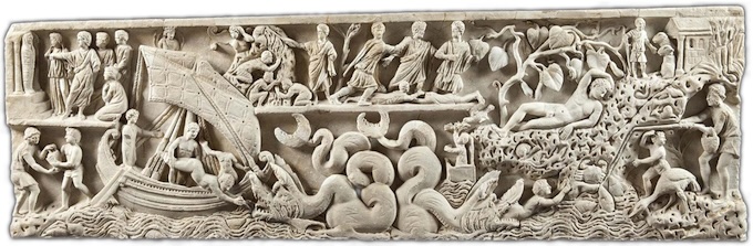 Anonyme, Fronte di sarcofago con storie di Giona, fin IIIème - début IVème siècle, Musei Vaticani. Photo © Governatorato dello S.C.V. Direzione dei Musei Vaticani, tous droits réservés.