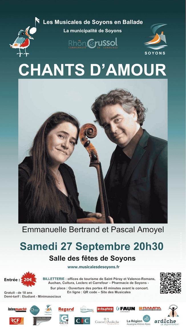 Les Musicales de Soyons (07) : « Chants d'amour ». Emmanuelle Bertrand et Pascal Amoyel. Samedi 27 Septembre 2025 – 20h30 Les Musicales de Soyons (07) : « Chants d'amour ». Emmanuelle Bertrand et Pascal Amoyel. Samedi 27 Septembre 2025 – 20h30