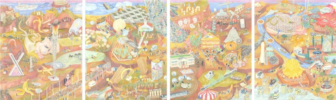 Bianca Argimón, Home sweet burning home, 2025, Crayon Luminance sur papier Arches, Quadriptyque 160 x 480 cm Bianca Argimón, Home sweet burning home, 2025, Crayon Luminance sur papier Arches, Quadriptyque 160 x 480 cm